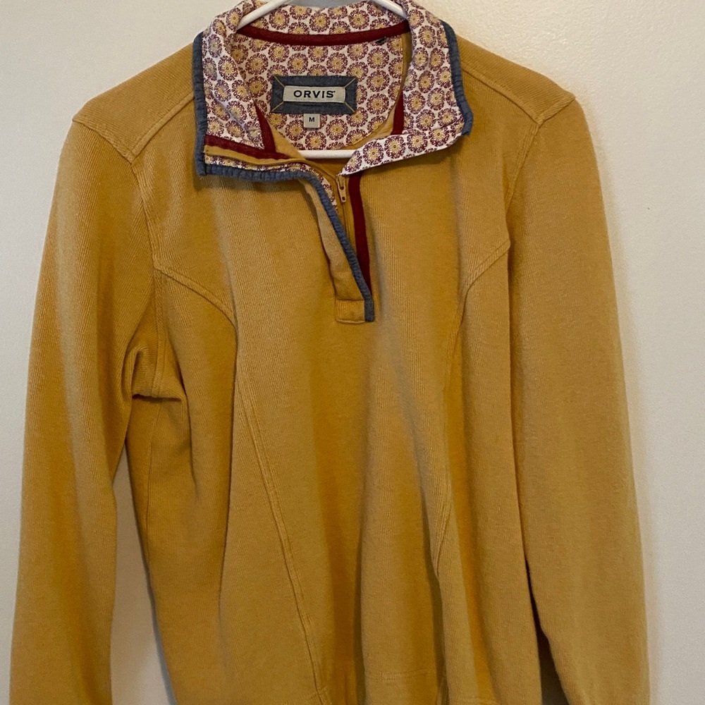 Orvis Mustard Yellow Quarter-Zip Sweater with Patterned Collar